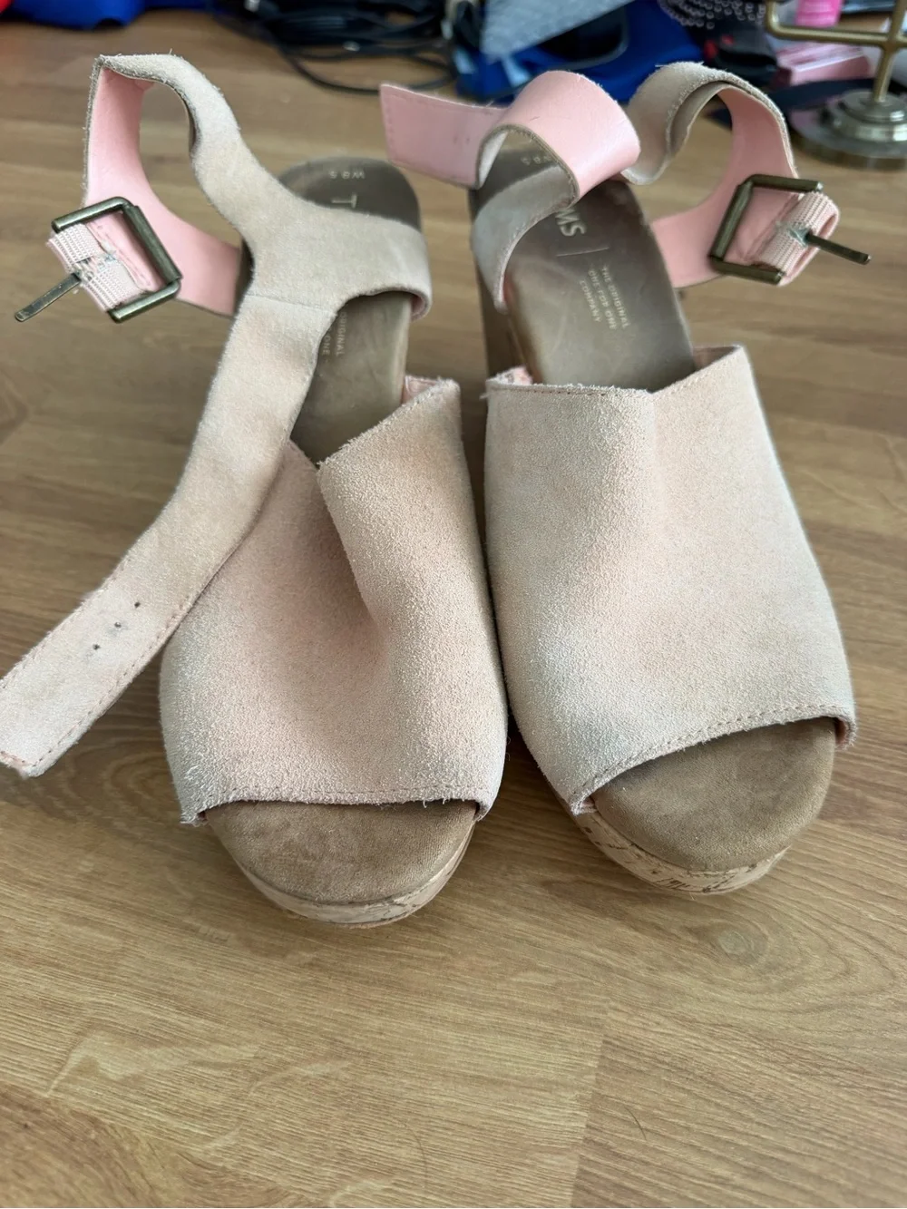Toms Pink Suede Open-Toe Ankle Strap Wedge Sandals